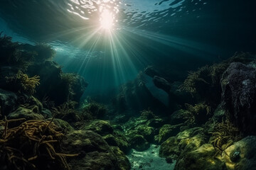 Fototapeta na wymiar underwater sea deep water abyss, fictional place. Generative AI