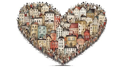 Diverse group of people come together in a heart shape to showcase the power of community. With unity at its core, this image highlights the importance of support, love, and inclusion. Generative AI