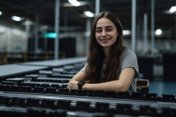 Fototapeta na wymiar young woman or teen working in logistics center. Generative AI