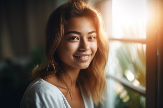 young adult woman multi-ethnic tanned asian looking woman at home indoor with garden view on a sunny day, with a smile. Generative AI
