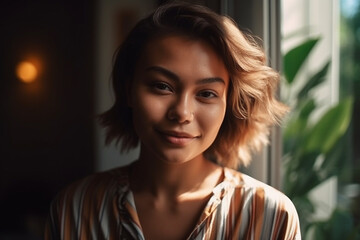 young adult woman multi-ethnic tanned asian looking woman at home indoor with garden view on a sunny day , with a smile. Generative AI