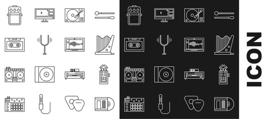 Set line Vinyl disk, Microphone, Harp, player with vinyl, Musical tuning fork, Retro audio cassette tape, Guitar pedal and Sound recorder laptop icon. Vector