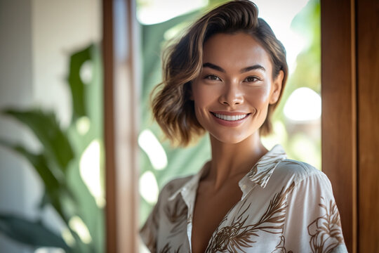 Young Adult Woman Multi-ethnic Tanned Asian Looking Woman At Home Indoor With Garden View On A Sunny Day , With A Smile. Generative AI