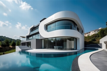 Obraz na płótnie Canvas Luxury modern residence building - family villa with a futuristic design, exterior, swimming pool, generative AI