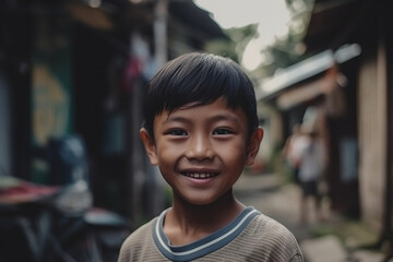 young child in his home town on a narrow side street between residential buildings. Generative AI