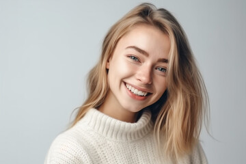 Fototapeta premium woman in white sweater with a smile. Generative AI