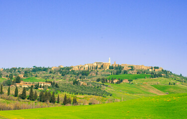 Fototapeta premium Front view, very far distance, of the town of Montalcino, Italy, from three mile distance