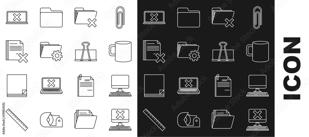 Sticker Set line Computer with keyboard and x mark, monitor, Coffee cup flat, Delete folder, Folder settings gears, file document, Laptop cross screen and Binder clip icon. Vector