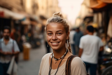 Fototapeta premium young adult woman with a smile in summery weather in a side street with many other people, vacation or stroll through town, fictitious place. Generative AI