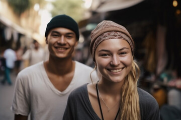 Obraz premium young adult woman with a smile in summery weather in a side street with many other people, vacation or stroll through town, fictitious place. Generative AI