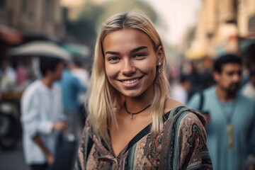 Fototapeta premium young adult woman with a smile in summery weather in a side street with many other people, vacation or stroll through town, fictitious place. Generative AI