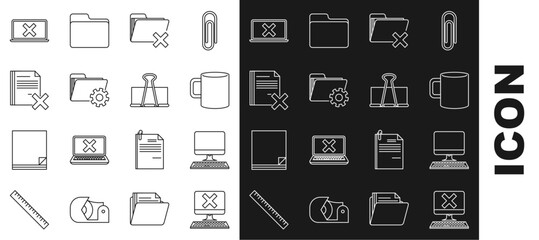 Set line Computer with keyboard and x mark, monitor, Coffee cup flat, Delete folder, Folder settings gears, file document, Laptop cross screen and Binder clip icon. Vector