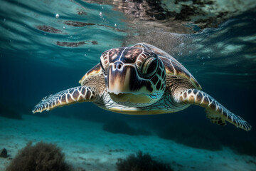 Fototapeta premium sea turtle swimming underwater in the sea. Generative AI