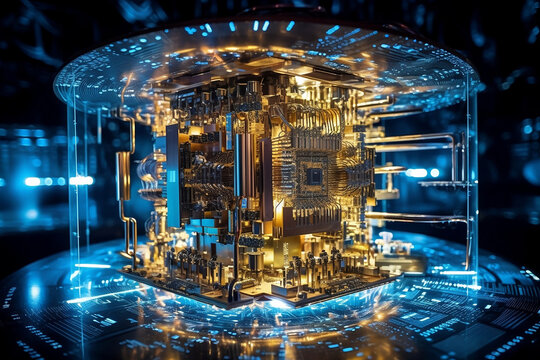 A model of a quantum computer against a futuristic background. 3D render illustration. New technologies in parallel computing, scientific and technical achievements, concept.
