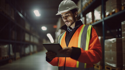 Fototapeta premium Warehouse worker in safety vest and helmet checking stuff in a tablet