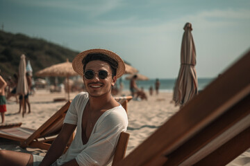 on the beach on a sun lounger, a joyful happy smiling young adult man, vacation and sandy beach. Generative AI