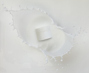 Cosmetic container white lotion droplet fly splashing. Milk lotion pour float to cosmetic bottle....