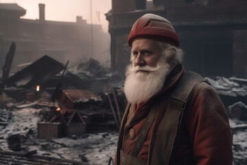 Santa Claus without strength and in bad mood, in a ruined and abandoned city, fictional event. Generative AI
