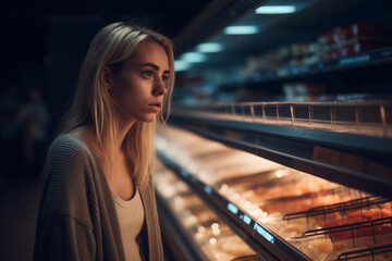 sad or almost crying young woman or teenager in a dark supermarket at a refrigerated shelf, fictional problem. Generative AI