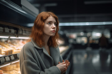 sad or almost crying young woman or teenager in a dark supermarket at a refrigerated shelf, fictional problem. Generative AI