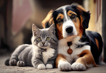 Cat and Dog Lying Outside Together. Friendship of animals. AI generative