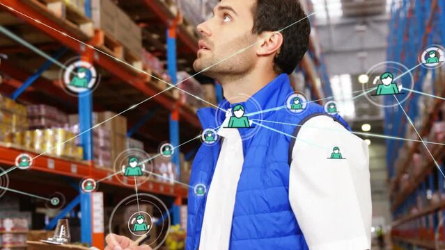 Animation of network of profile icons on caucasian male supervisor checking stock at warehouse