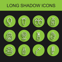 Set line Stack hot stones, Essential oil bottle, Sauna broom, Pipette, Hairbrush, Massage, and Aroma diffuser icon. Vector