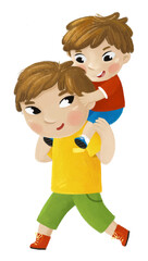 cartoon scene with older and younger brthers palying together family illustration for children