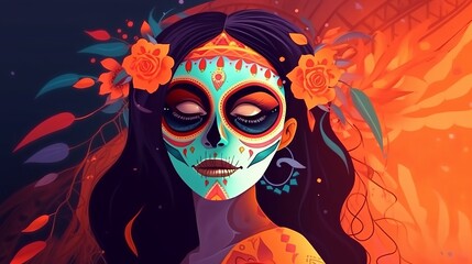 Day of the Dead or Dia de los muertos with maxican girl portrait wearing carnival mask of the day of the dead