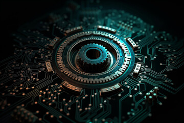gear wheel on circuit board, fictitious technology mechanic parts. Generative AI