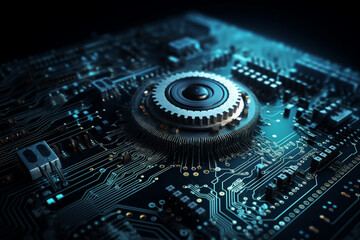 gear wheel on circuit board, fictitious technology mechanic parts. Generative AI