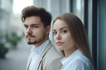 young adult woman and man in front of a building or entrance on a street. Generative AI