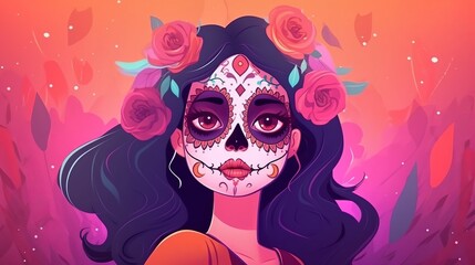 Day of the Dead or Dia de los muertos with maxican girl portrait wearing carnival mask of the day of the dead