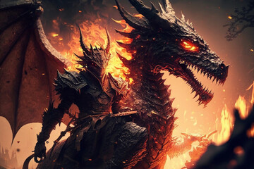 fire dragon with knight, fantasy fictional. Generative AI