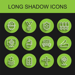Set line Military rank, helmet, Jet fighter, Target sport, Hand grenade, Swiss army knife and Gas mask icon. Vector