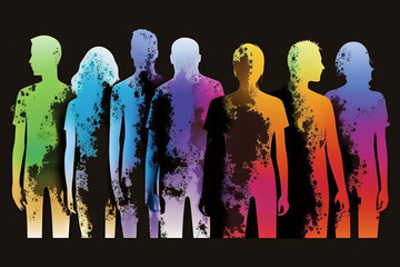 colorful upper body silhouettes of different young teenagers teens or men and women and diverse, people in row in colors female and male. Generative AI
