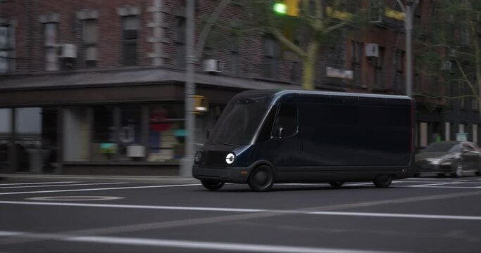 TRACKING Wide shot of modern electric EV delivery van driving through streets of a big city, delivering parcels to clients. Realistic 3d rendering
