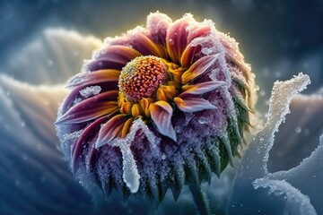 frost-covered flower in close-up. Generative AI