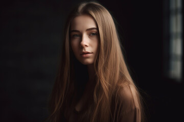 Fototapeta premium teenager girl or young woman with straight long brown hair. Generative AI
