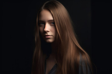 teenager girl or young woman with straight long brown hair. Generative AI
