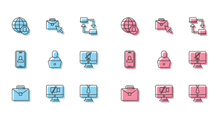 Set line Briefcase, Video camera Off on computer, Freelancer, chat conference, Mute microphone, and Online working icon. Vector