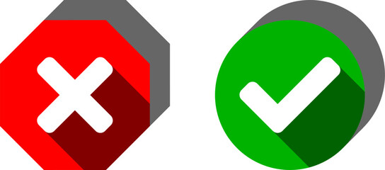 Yes and No or Right and Wrong or Approved and Declined Icons with Green Check Mark and Red X Cross Signs with 3D Shadow Effect. Vector Image.