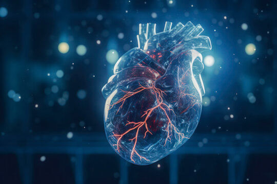 Illustration of a Glowing Human Heart Model on a Dark Blue Bokeh Background, Depicting Health, Medicine, and Cardiology Concepts - Generative AI