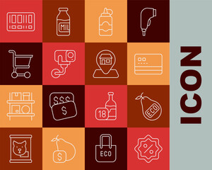 Set line Discount percent tag, Healthy organic pear, Credit card, Sauce bottle, Security camera, Shopping cart, Barcode and Location Market store icon. Vector