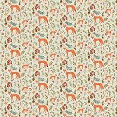 Botanical pattern. Cozy forest illustration with fox and red wolf. Red Book, rare animals. Berries, branches, flowers, cones. Cover design, abstract pattern, wrapping paper, textile print