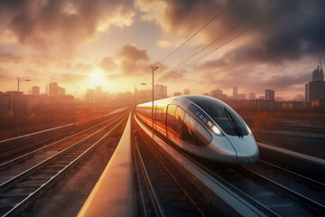 Naklejka na ściany i meble Futuristic high-speed commuter train on railway tracks with a dramatic sunset sky and clouds in the background, showcasing cutting-edge technology in transportation. Generative AI