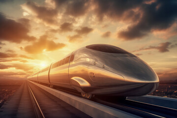 Obraz na płótnie Canvas Futuristic high-speed commuter train on railway tracks with a dramatic sunset sky and clouds in the background, showcasing cutting-edge technology in transportation. Generative AI
