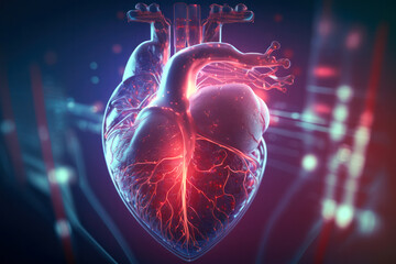 Human Heart Model on Dark Bokeh Background for Health, Medicine, and Cardiology Concepts - Generative AI - obrazy, fototapety, plakaty