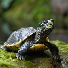 Turtle closeup on stone as illustration for World Turtle Day. Reptile animal in greenery background. Generative AI.