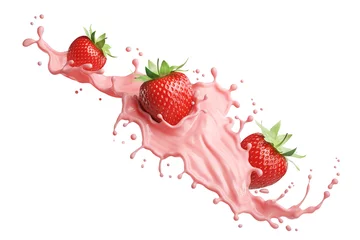 Poster milk or yogurt splash with strawberries isolated on white background, 3d rendering. © Anusorn
